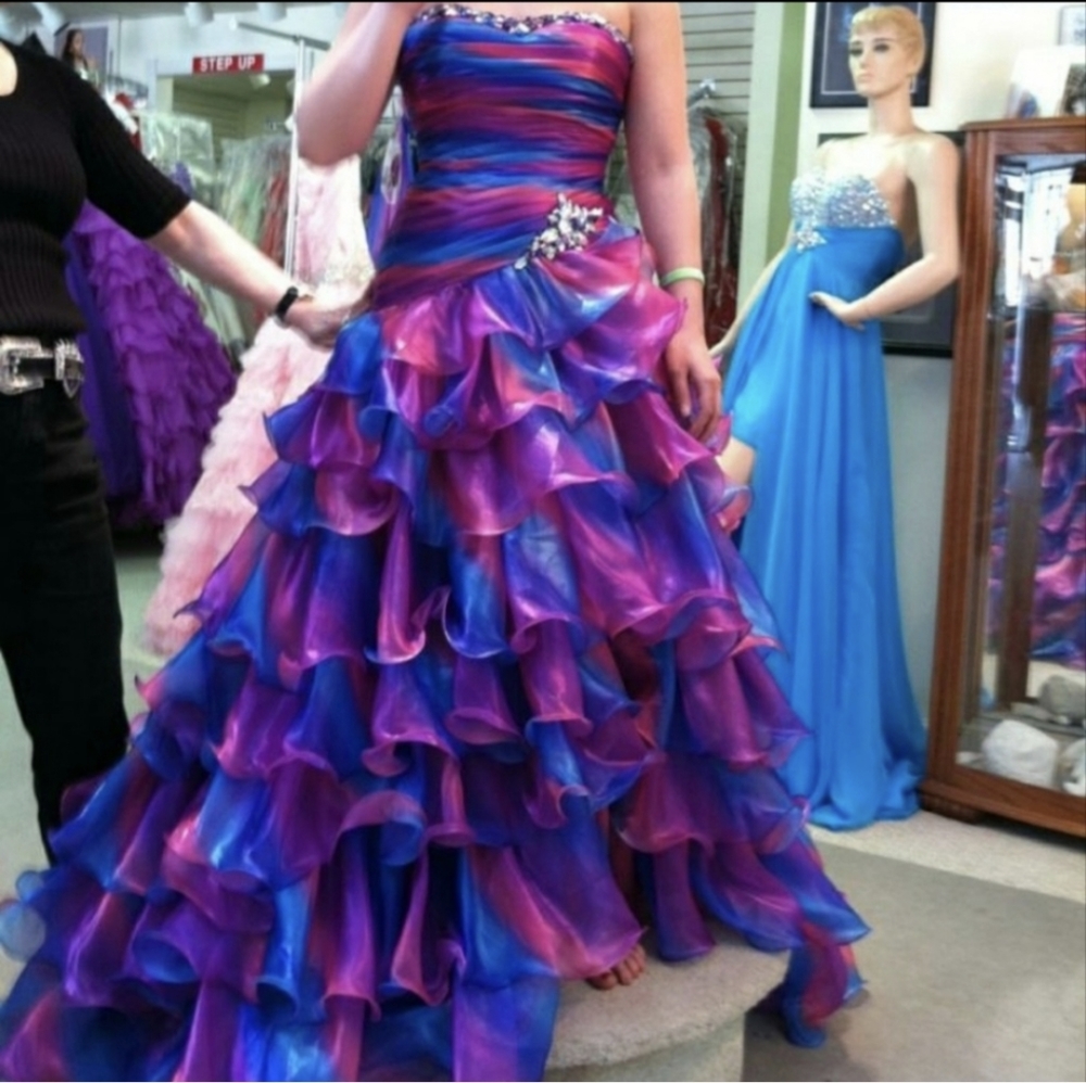 Tony Bowls Ruffle Tie Dye Prom Dress Purple Pink Blue